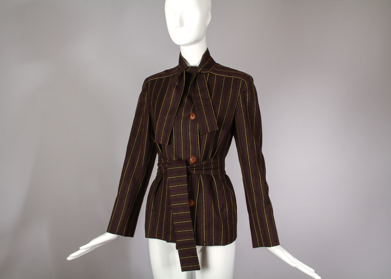 Vintage 1960s Pauline Trigere Belted Wool Jacket with Neck Ties
