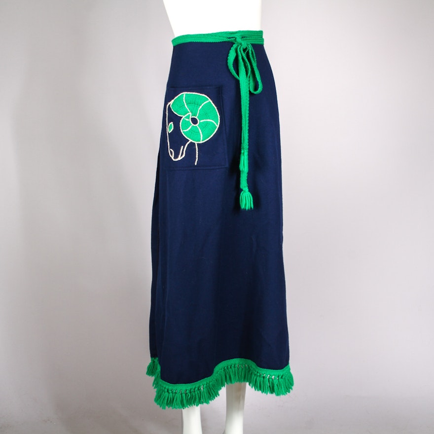 Vintage Novelty Zodiac Aries Wool Wrap Skirt with Appliqued Ram