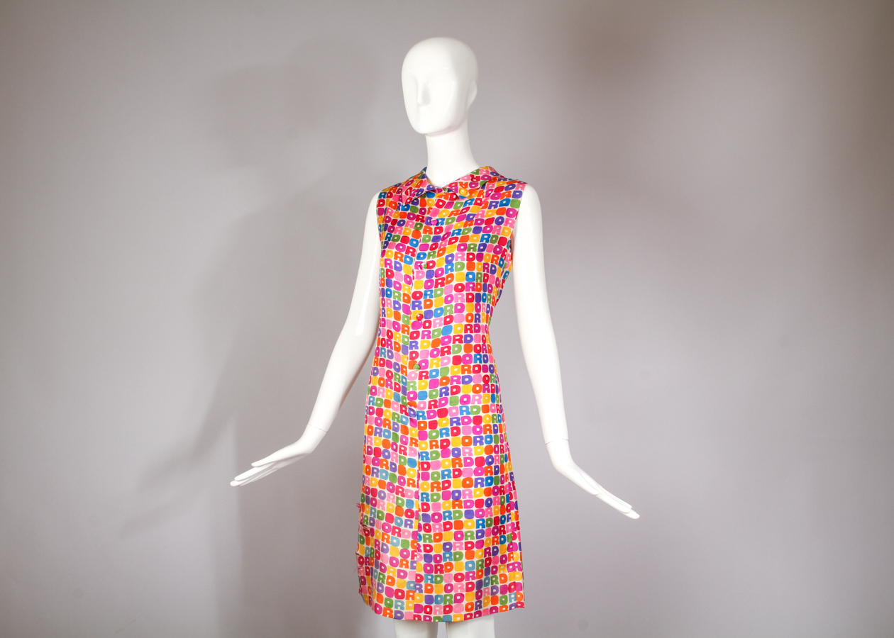 Vintage 1970's Christian Dior Paris Logo Print Silk Day Dress