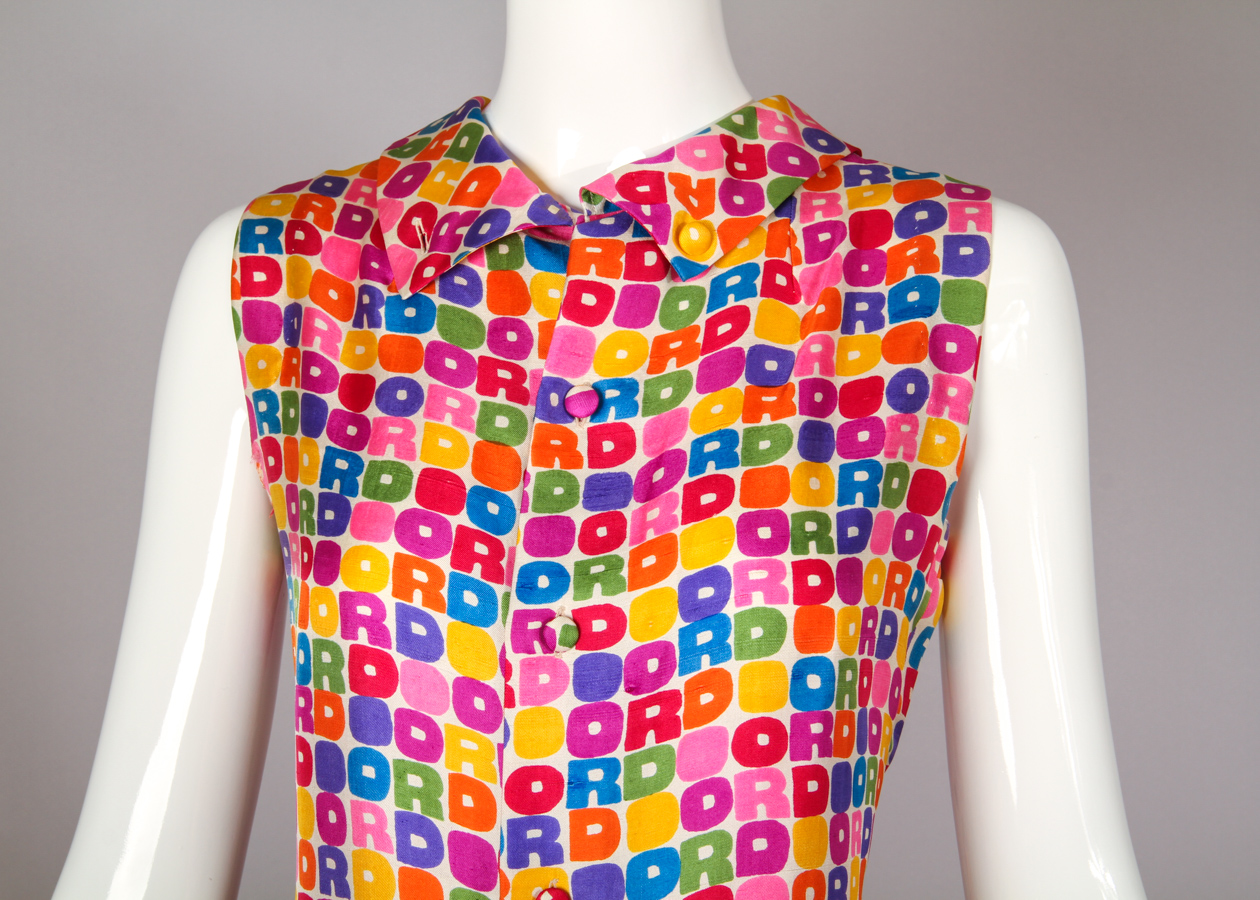 Vintage 1970's Christian Dior Paris Logo Print Silk Day Dress