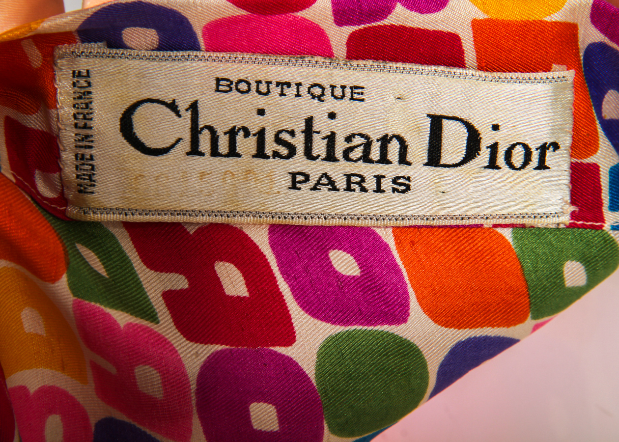 Vintage 1970's Christian Dior Paris Logo Print Silk Day Dress