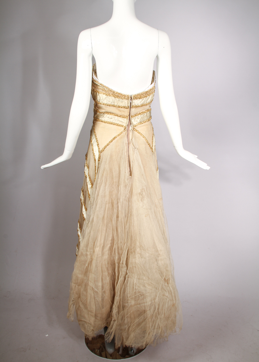 Vintage 1950s Silk and Tulle Straples Evening Dress