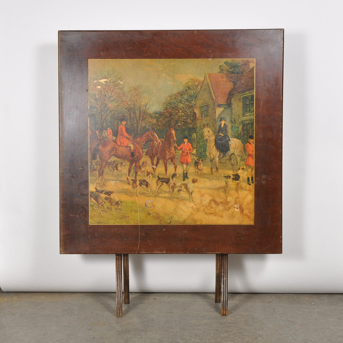 Vintage Wooden Folding Card Table with Equestrian Scene
