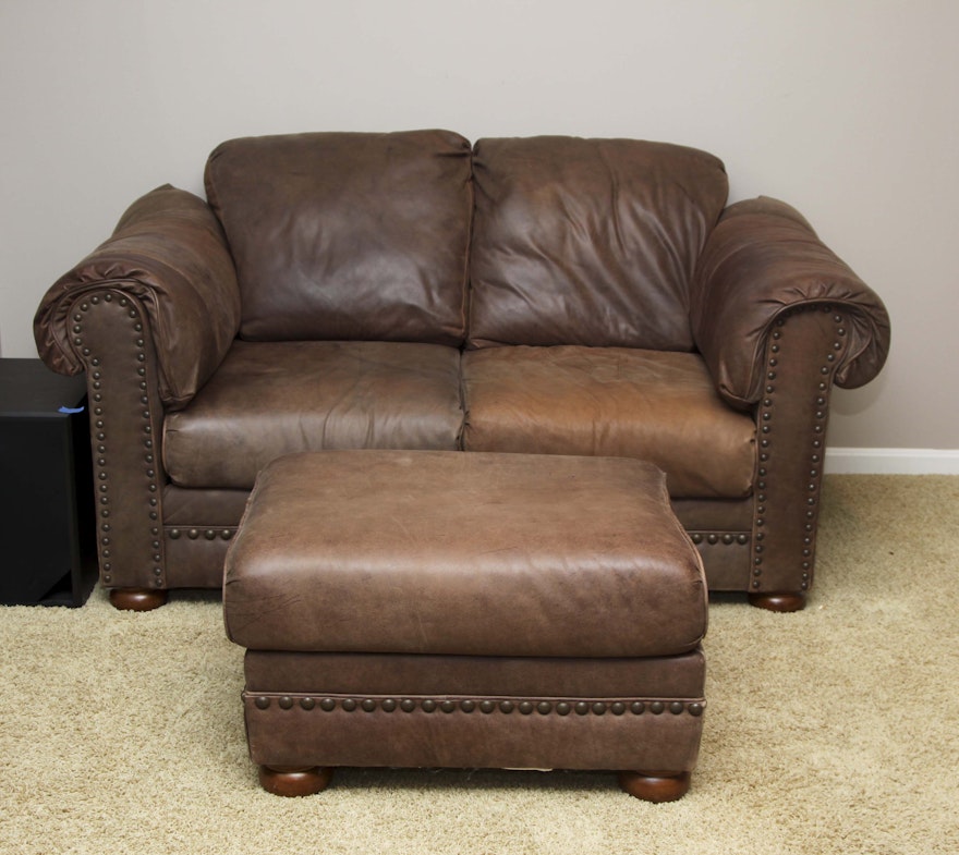 Faux Leather Loveseat and Ottoman with Tack Trim