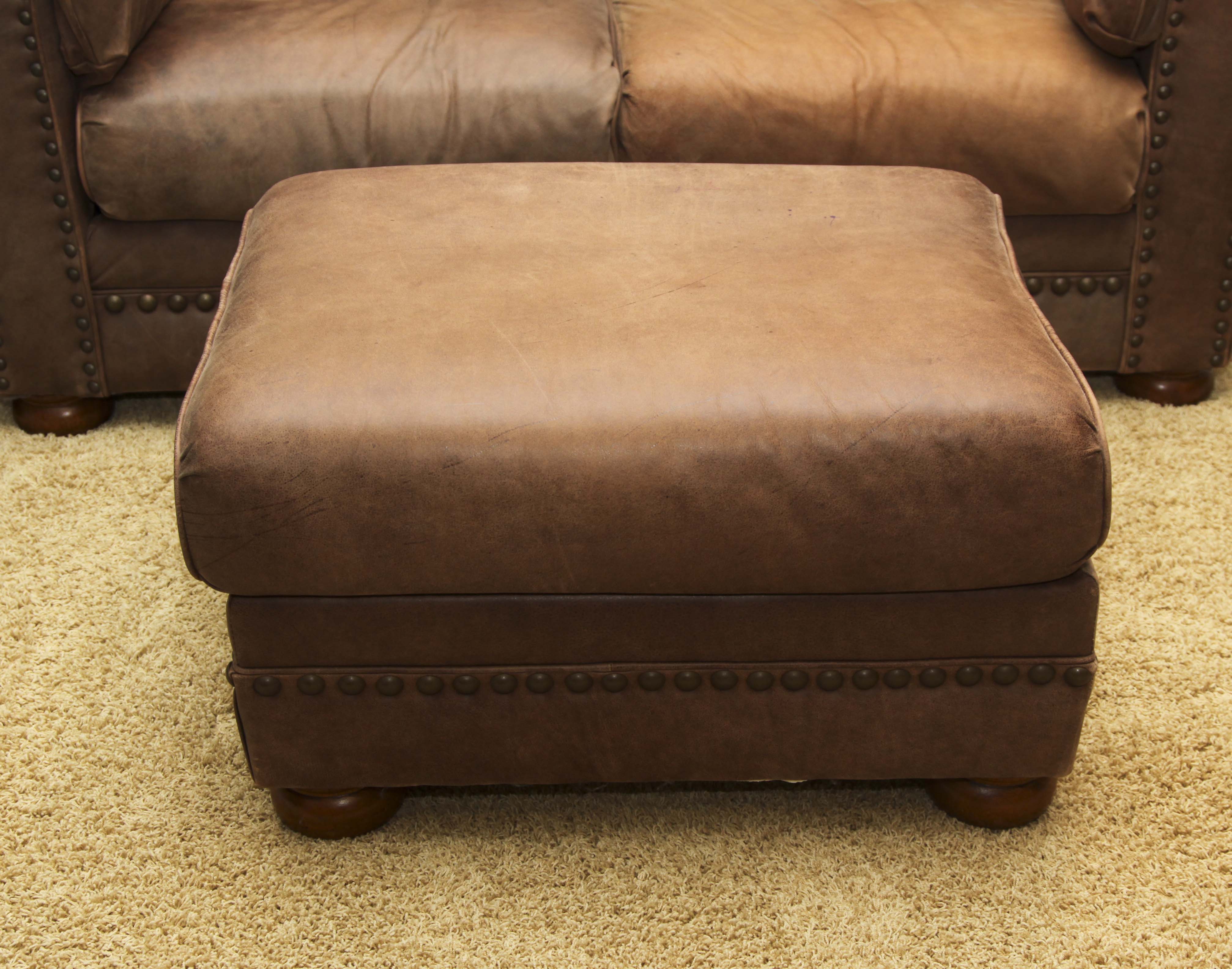 Faux Leather Loveseat and Ottoman with Tack Trim