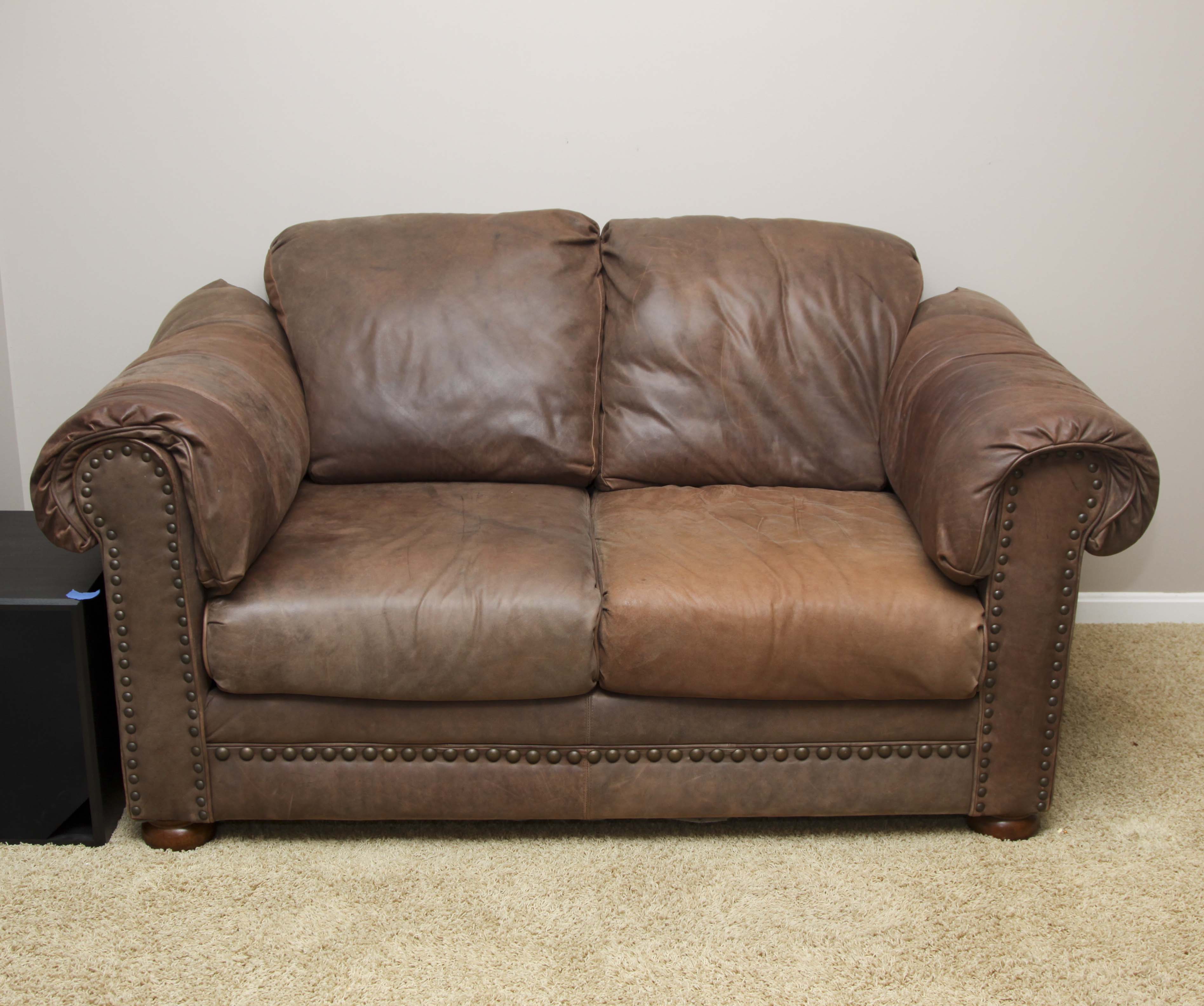 Faux Leather Loveseat and Ottoman with Tack Trim