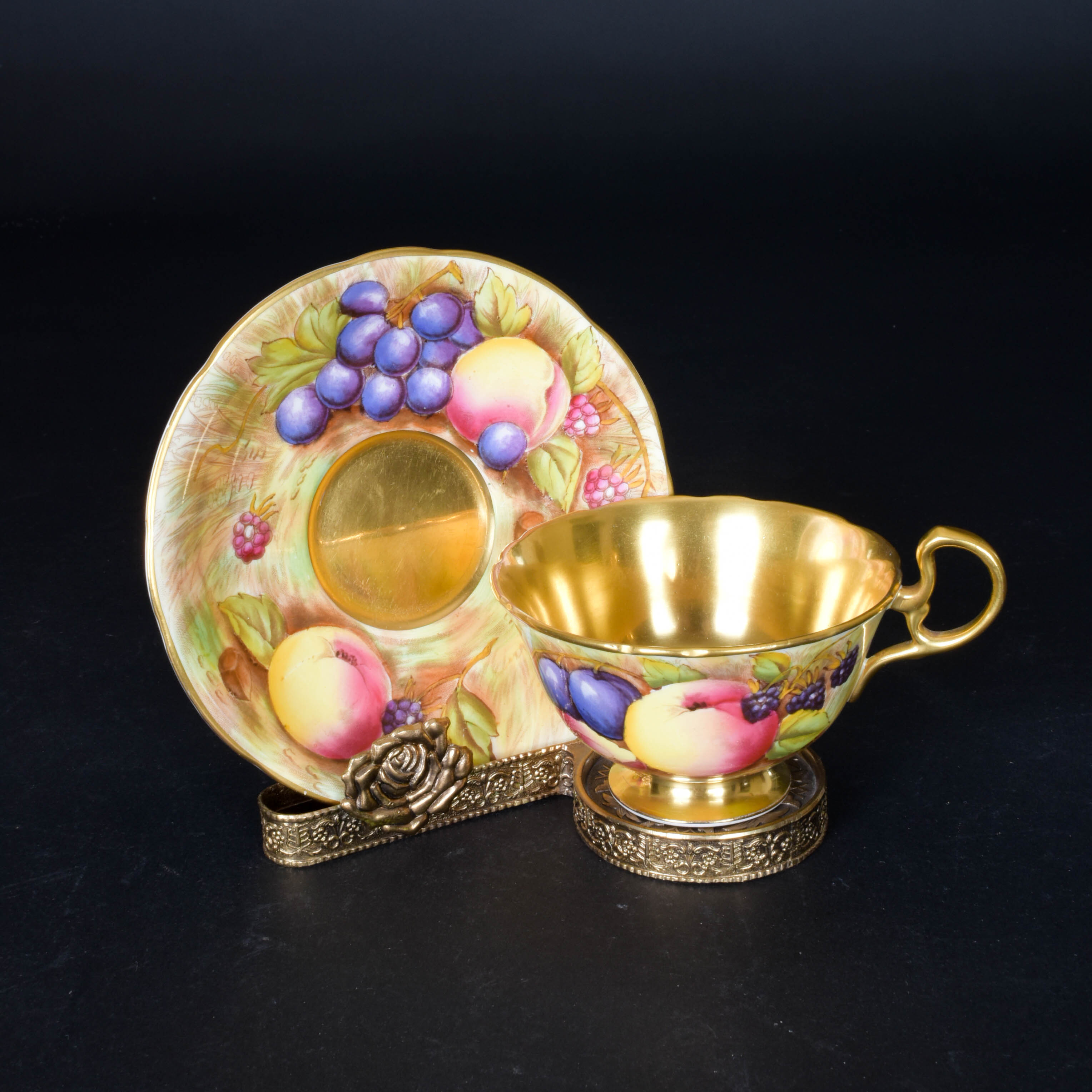 Aynsley Teacup and Saucer with Brass Toned Display Stand