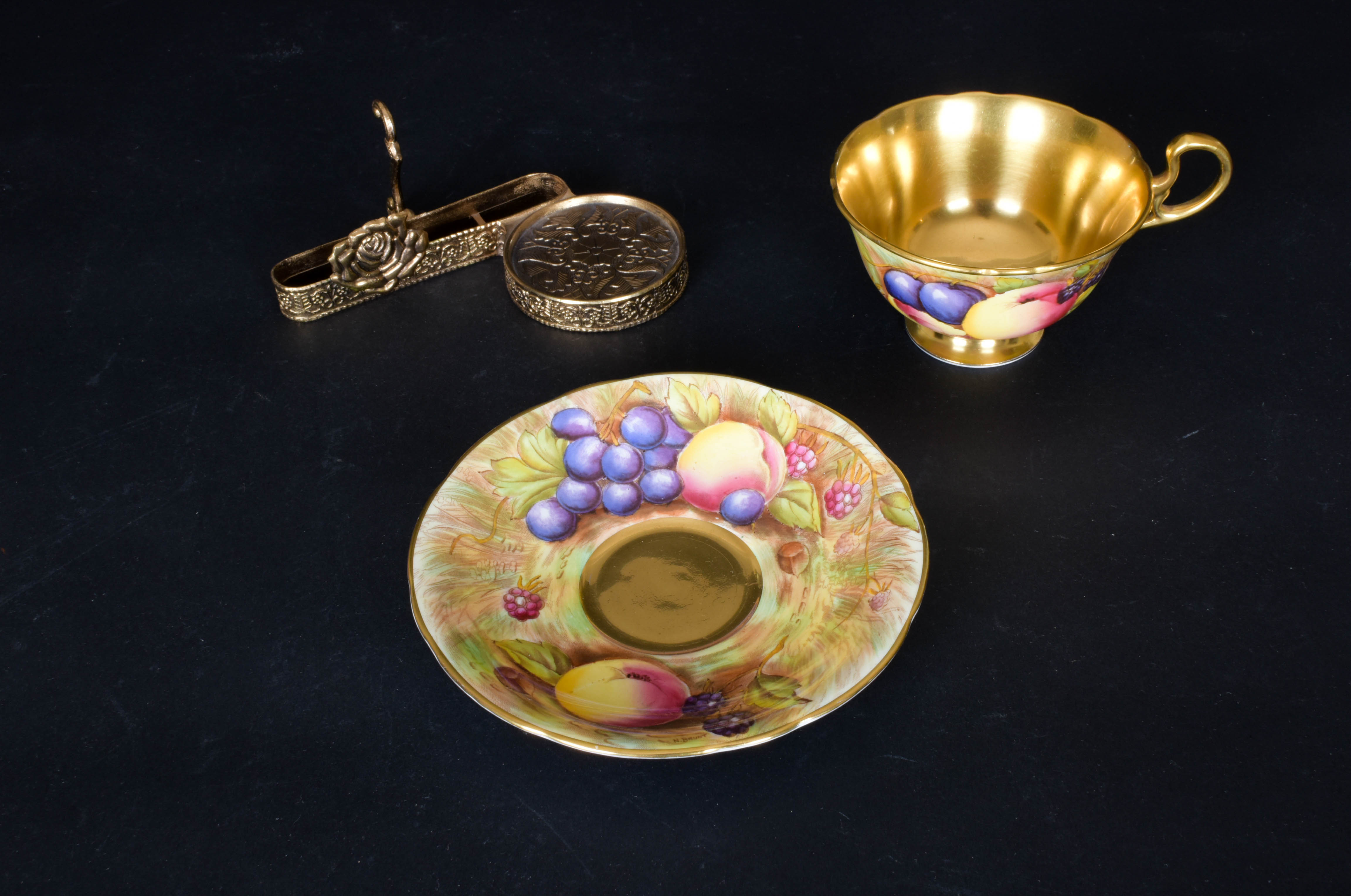 Aynsley Teacup and Saucer with Brass Toned Display Stand