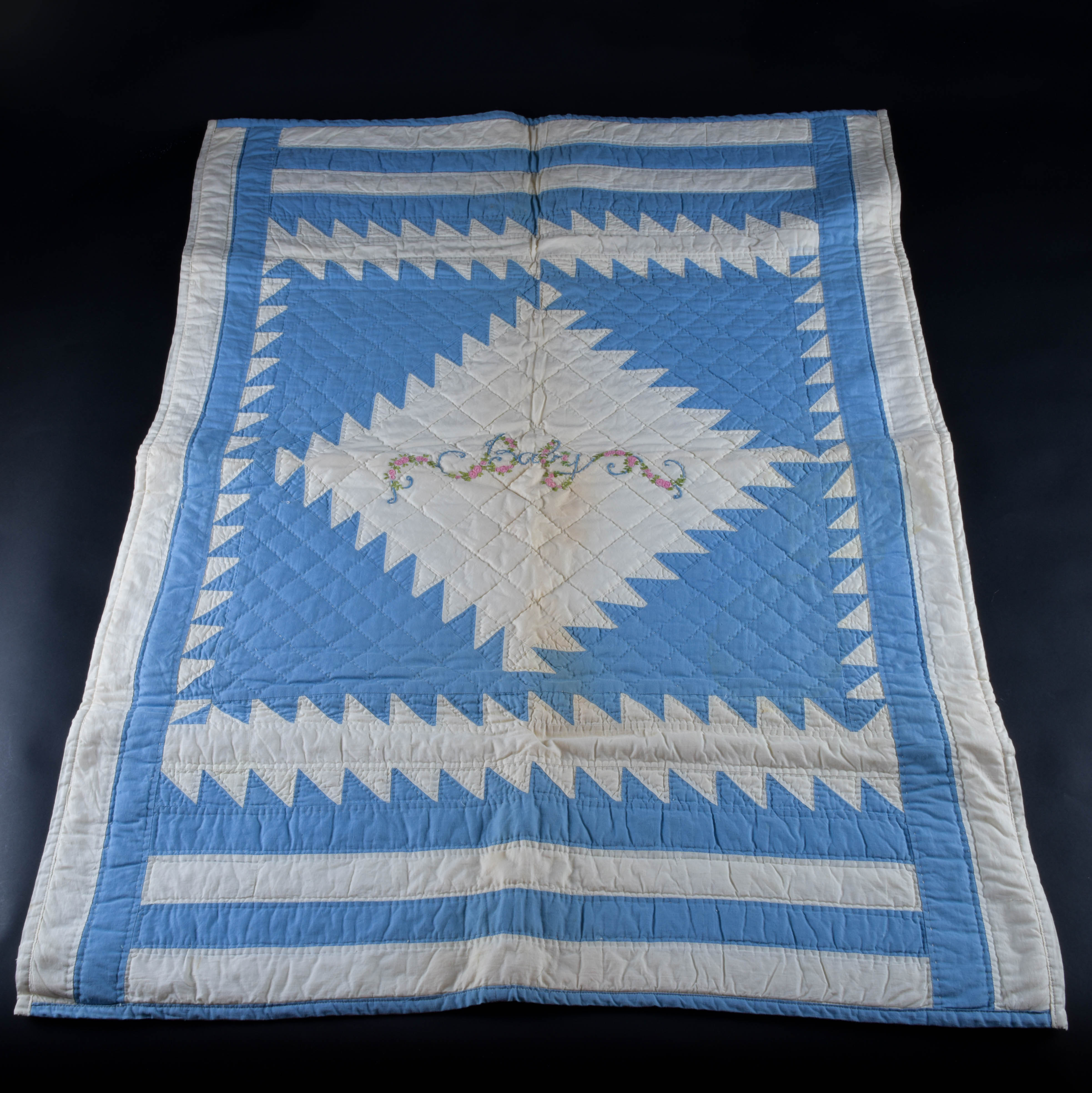 Vintage Hand-Embroidered and Hand-Stitched Patchwork Baby Quilt