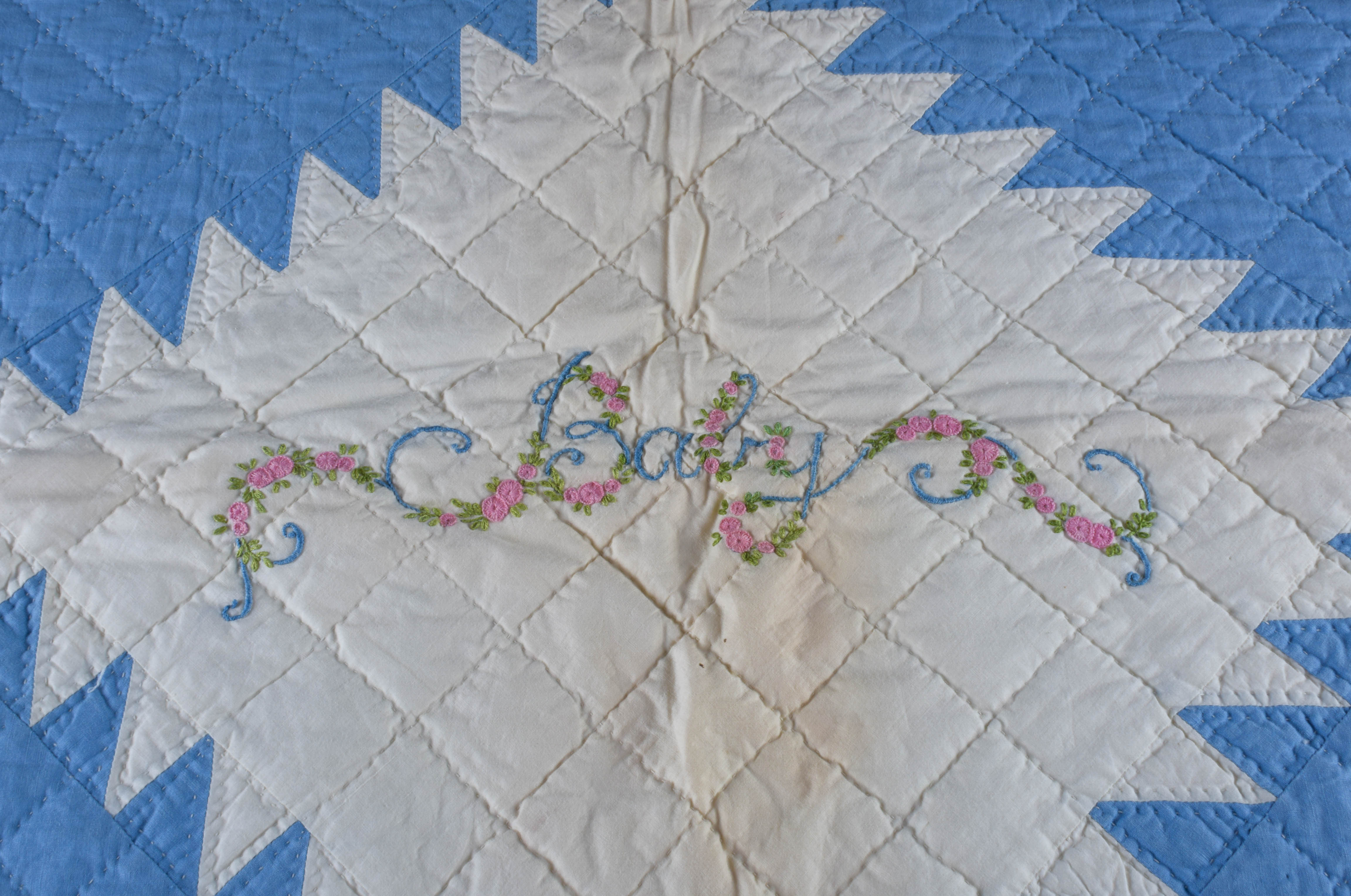 Vintage Hand-Embroidered and Hand-Stitched Patchwork Baby Quilt