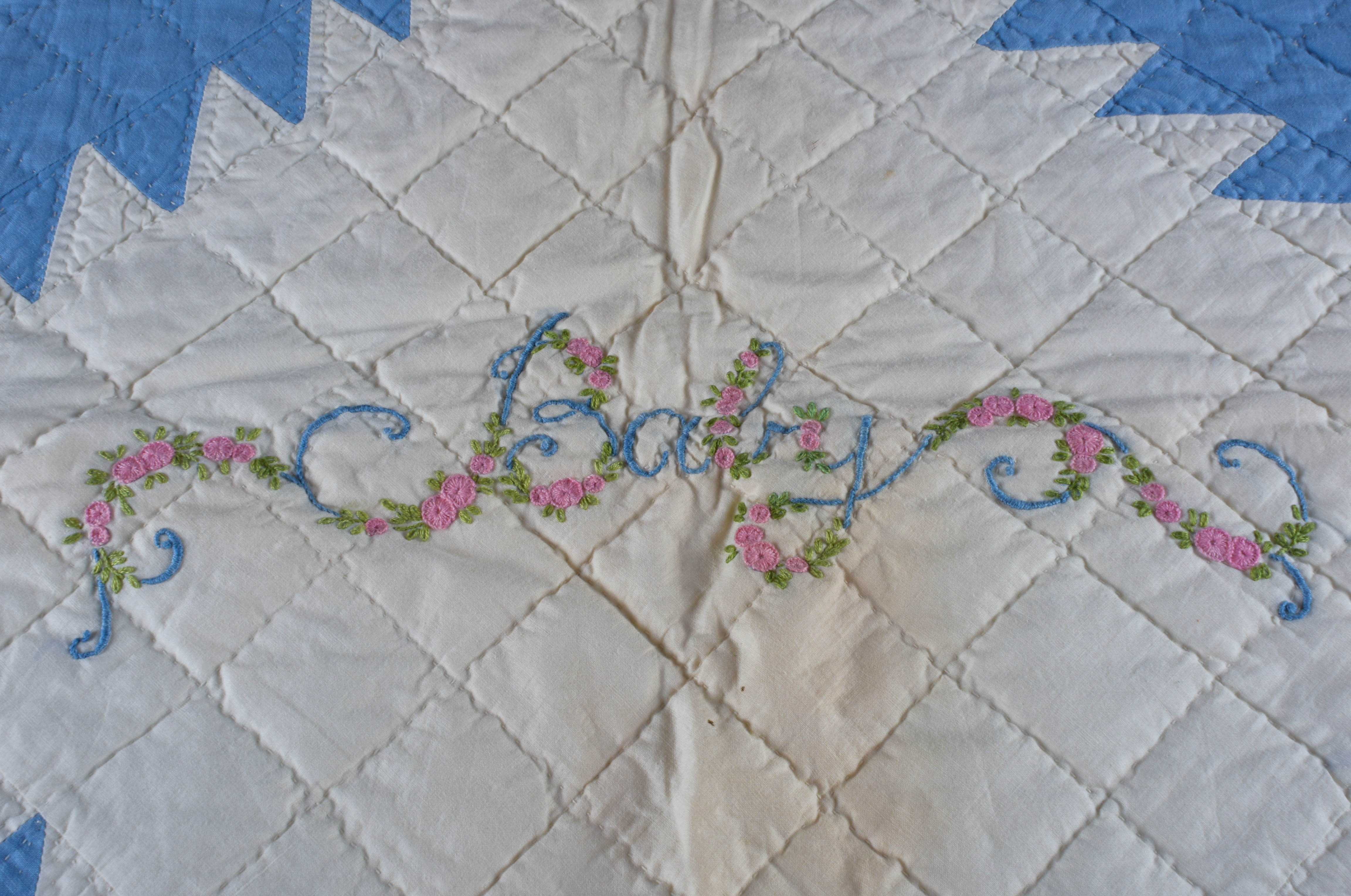 Vintage Hand-Embroidered and Hand-Stitched Patchwork Baby Quilt