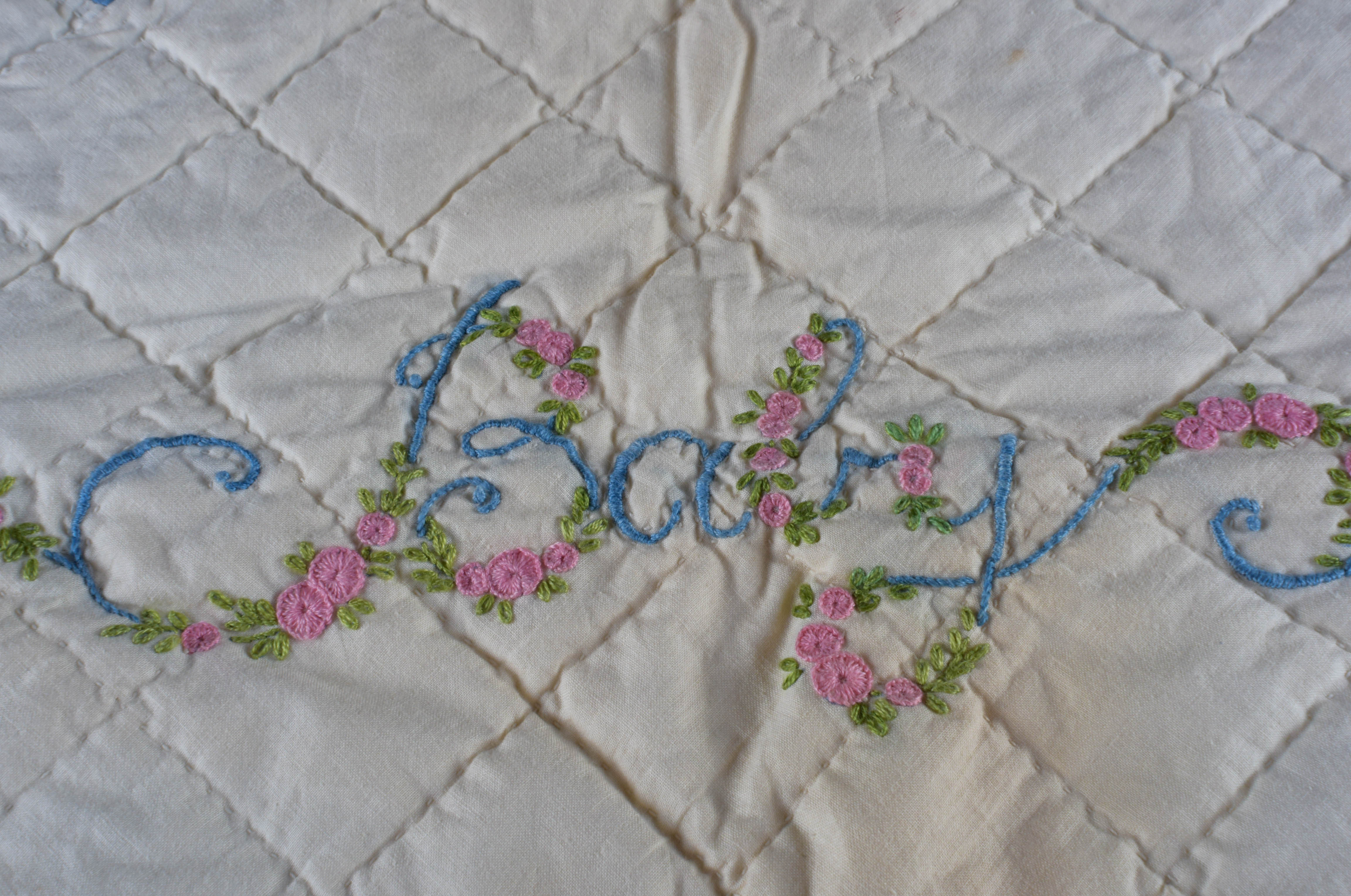 Vintage Hand-Embroidered and Hand-Stitched Patchwork Baby Quilt