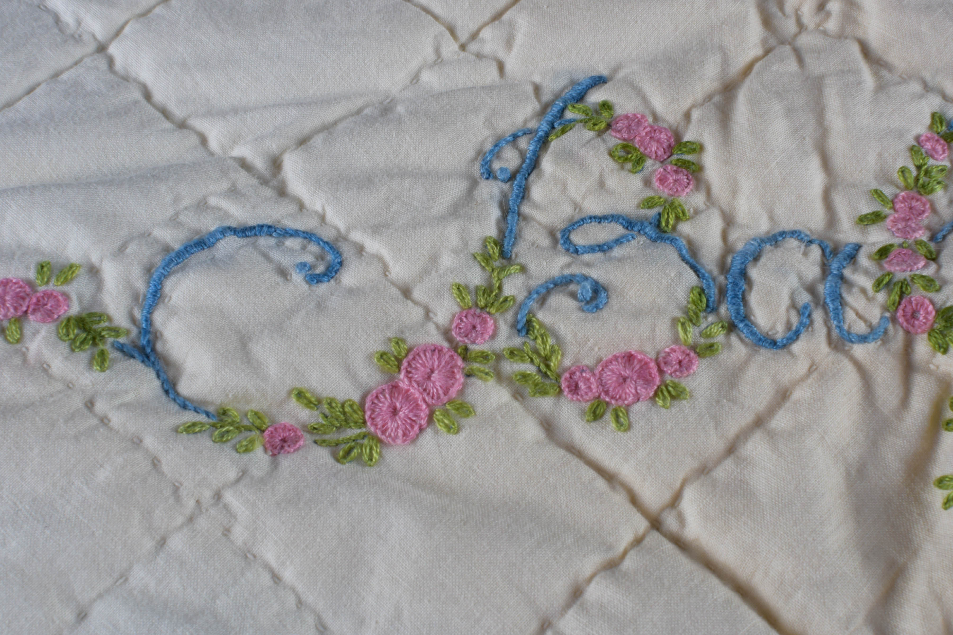 Vintage Hand-Embroidered and Hand-Stitched Patchwork Baby Quilt