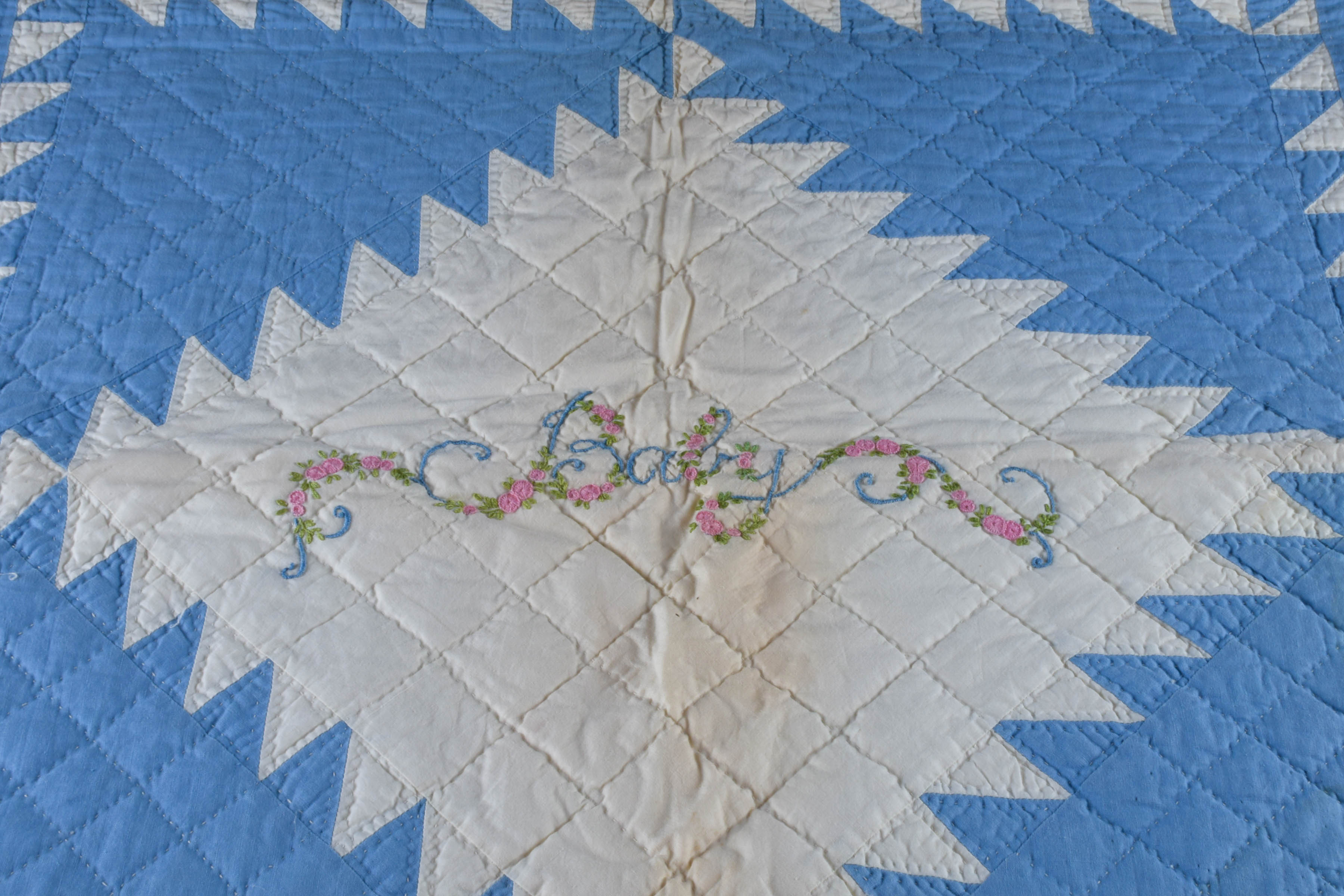 Vintage Hand-Embroidered and Hand-Stitched Patchwork Baby Quilt