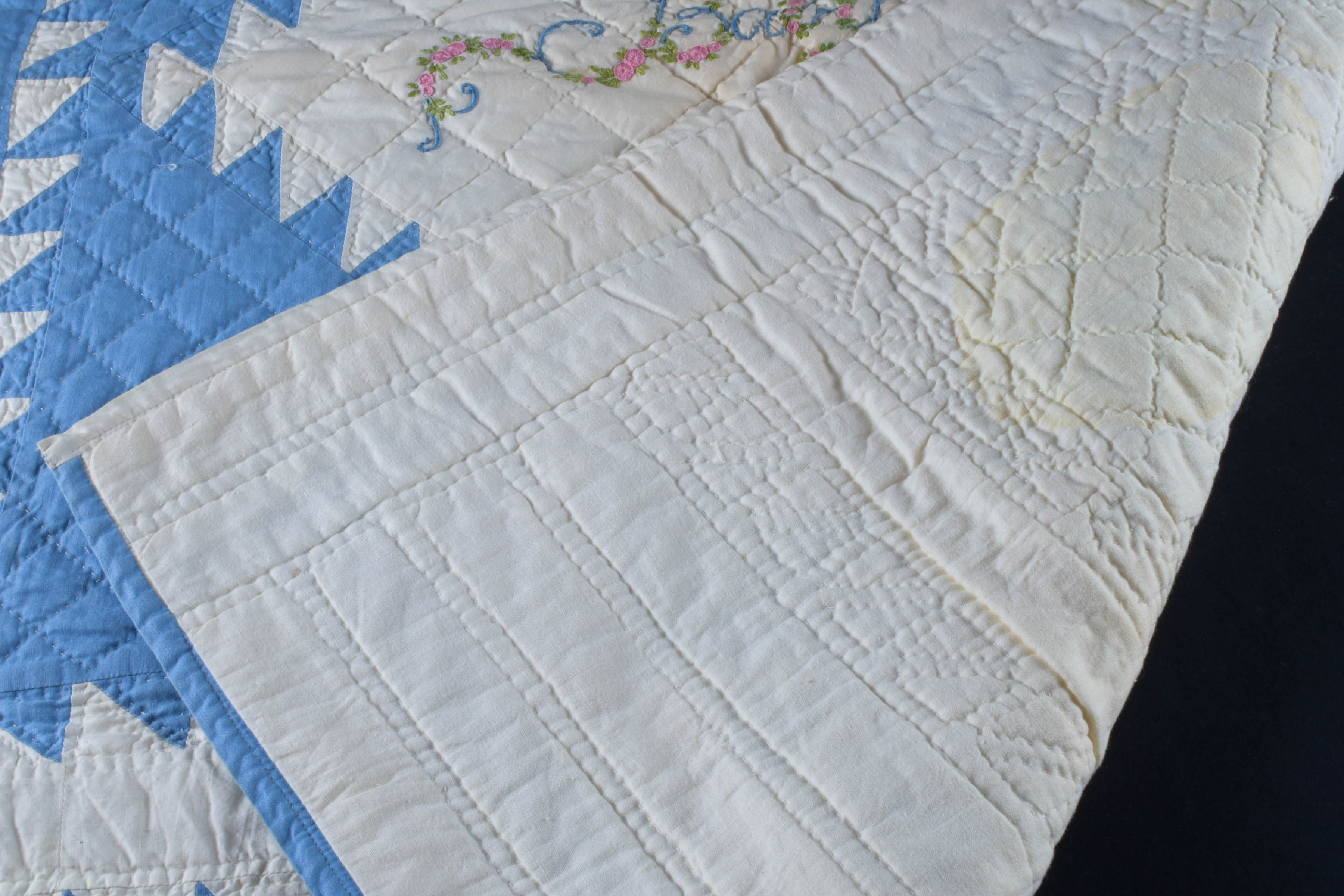 Vintage Hand-Embroidered and Hand-Stitched Patchwork Baby Quilt