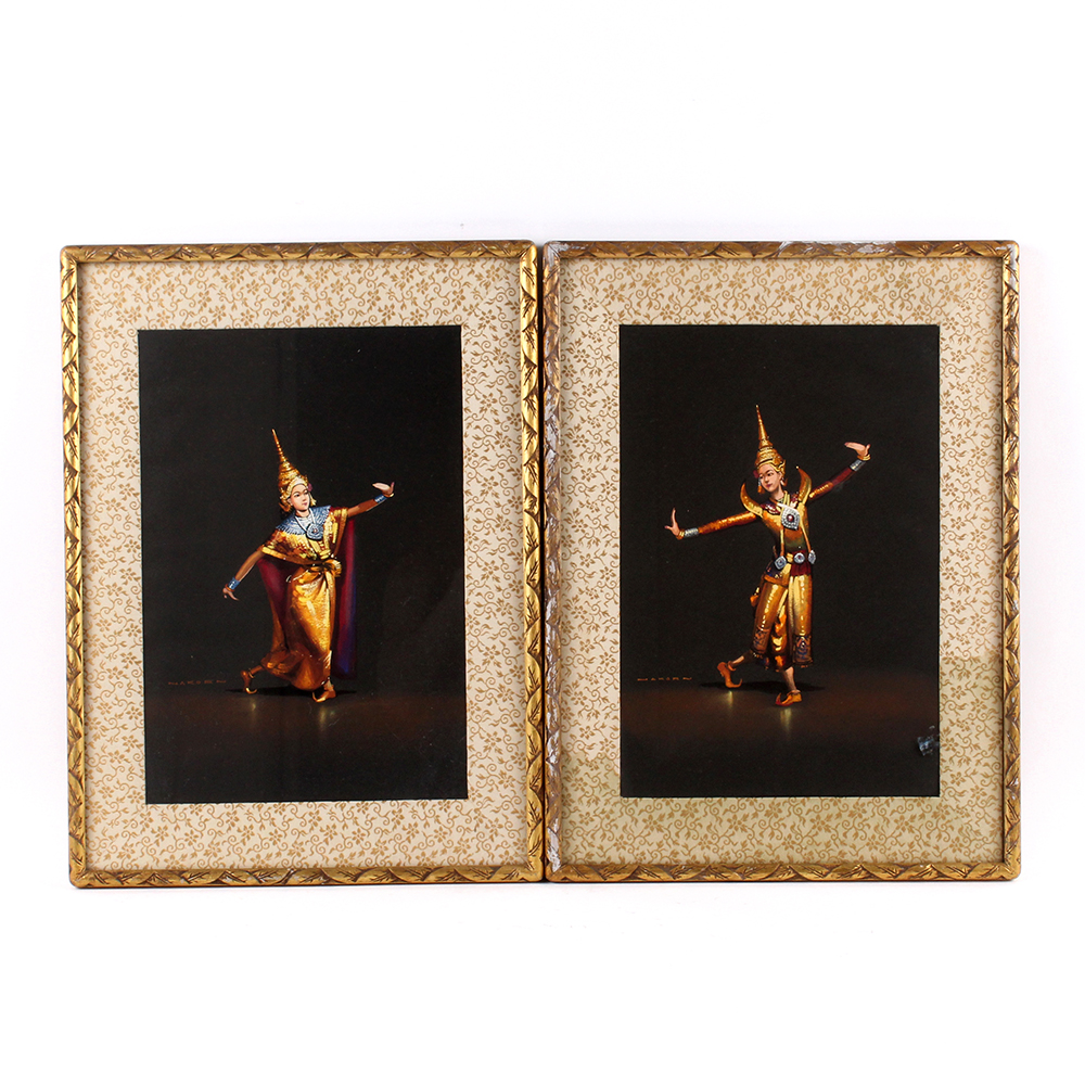 Pair of Nakorn Signed Gouache Paintings of Thai Dancers