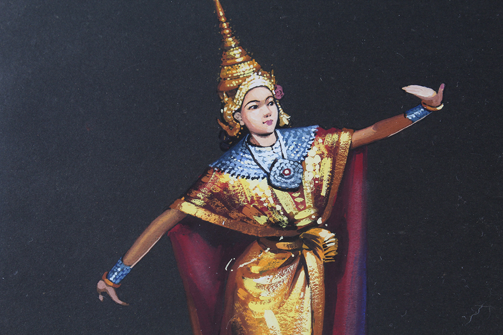 Pair of Nakorn Signed Gouache Paintings of Thai Dancers