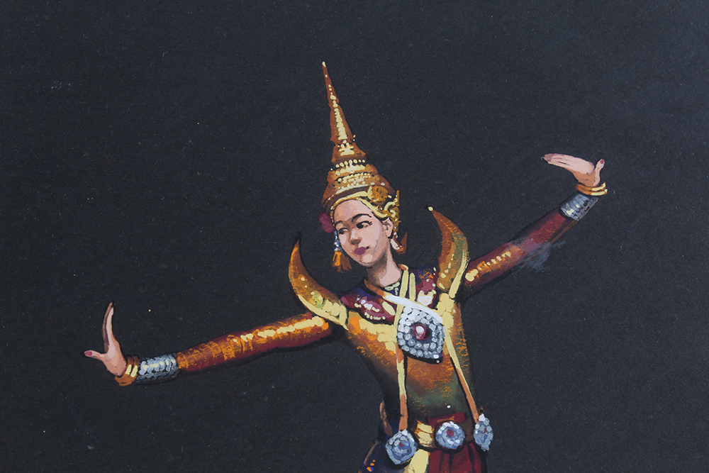 Pair of Nakorn Signed Gouache Paintings of Thai Dancers