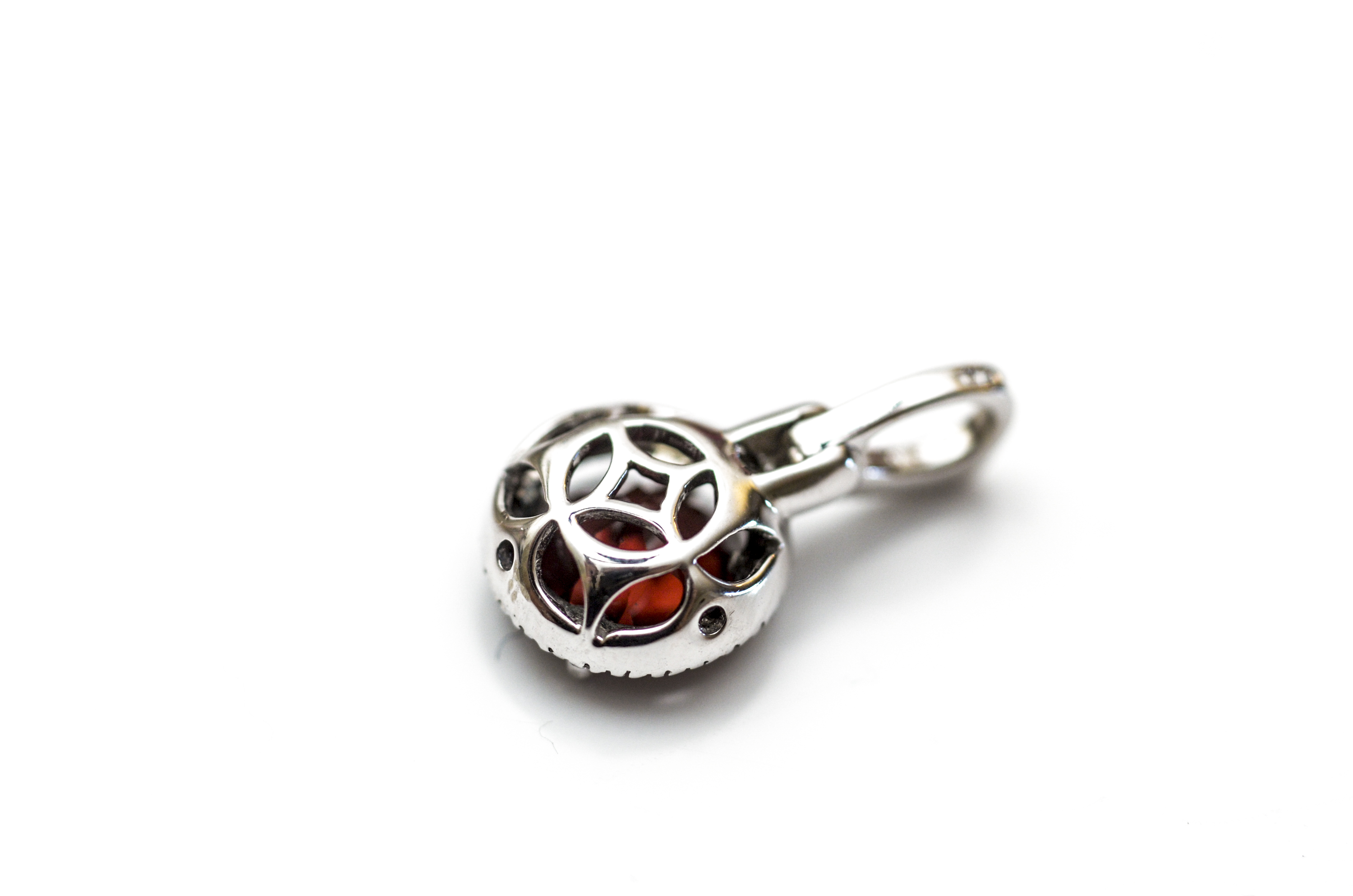 10K White Gold and Garnet Pendant with a Diamond Halo