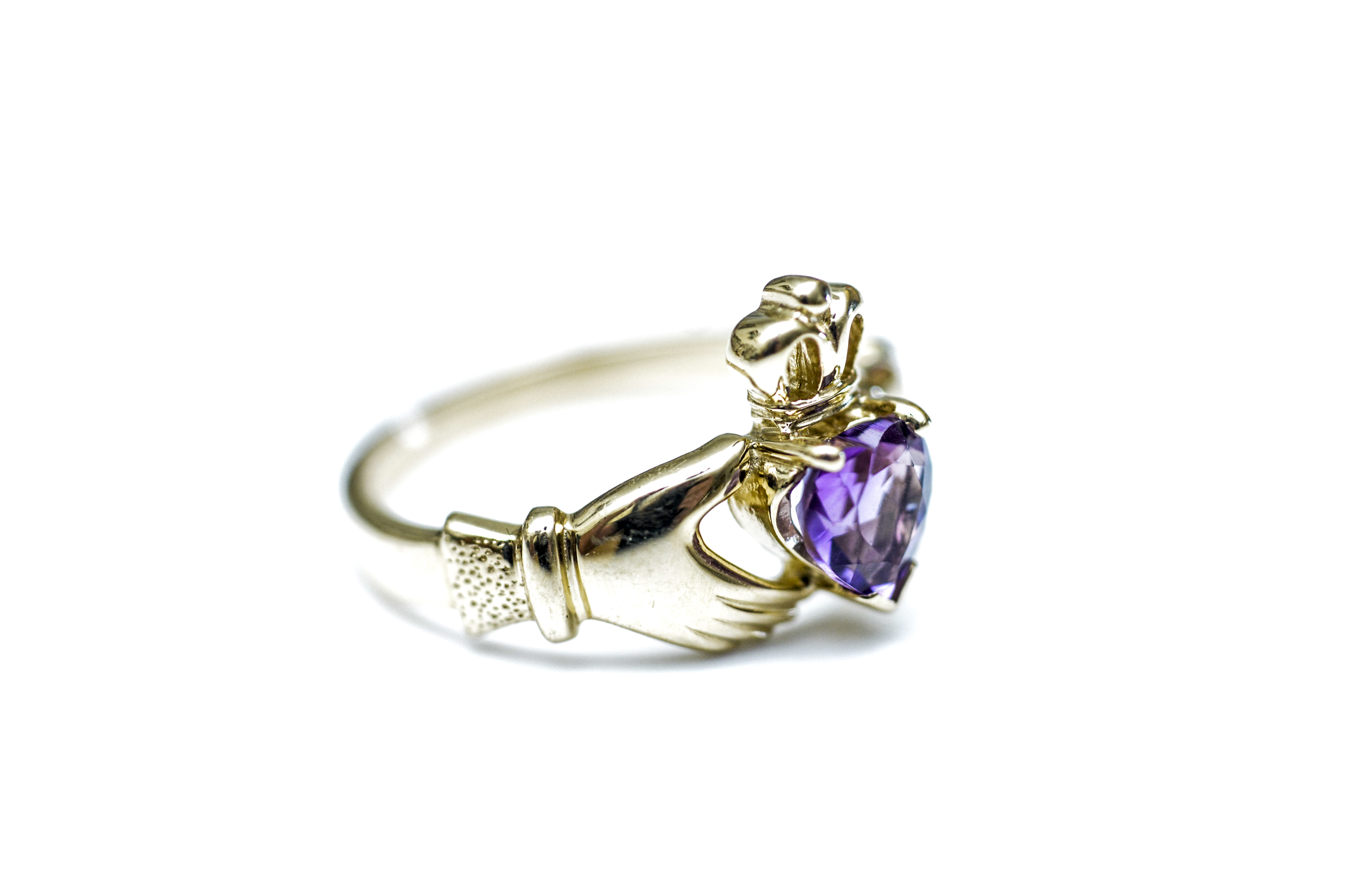 14K Yellow Gold and Amethyst Claddagh Ring