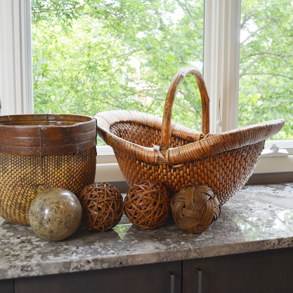 Two Vintage Asian Woven Baskets and Spheres