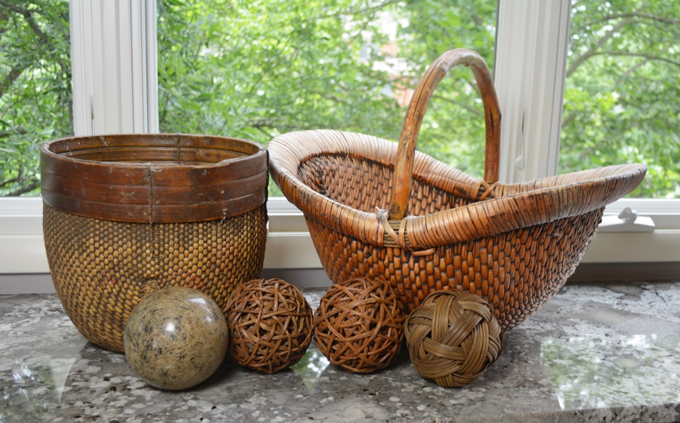 Two Vintage Asian Woven Baskets and Spheres