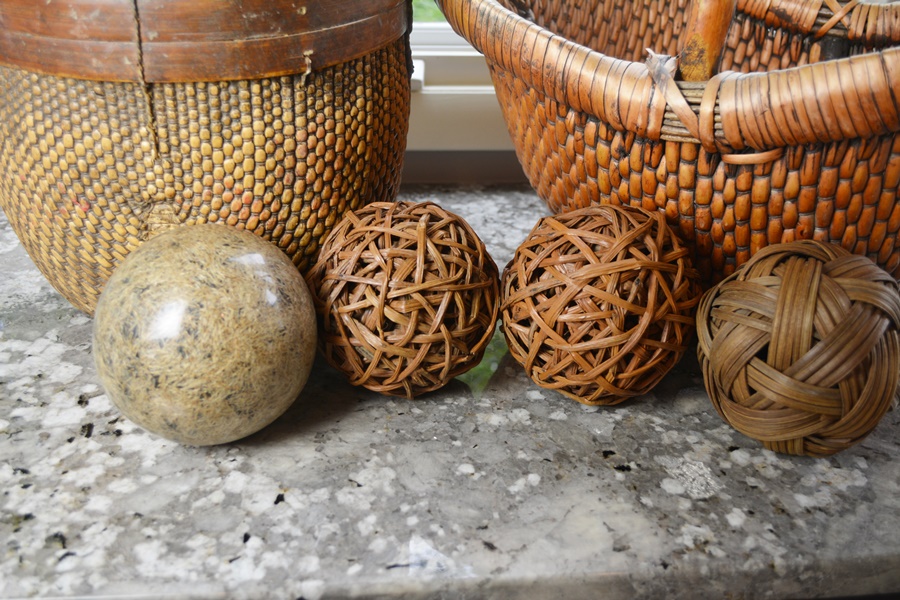 Two Vintage Asian Woven Baskets and Spheres