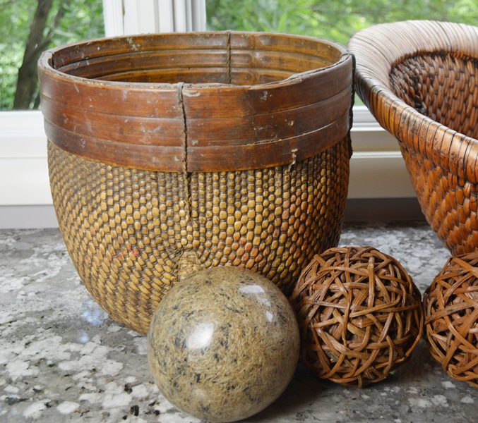 Two Vintage Asian Woven Baskets and Spheres