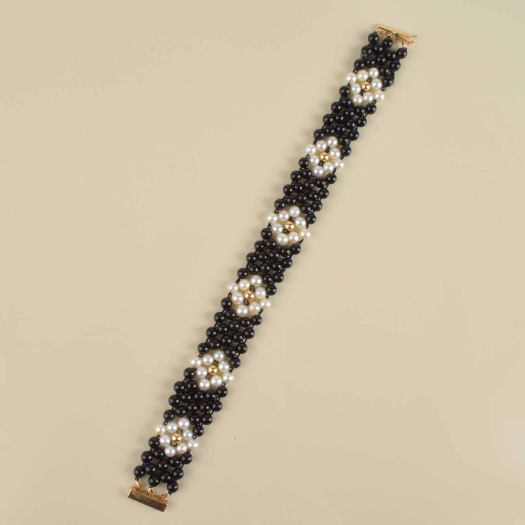 Pearl and Black Bead Bracelet with 14K Gold Clasp