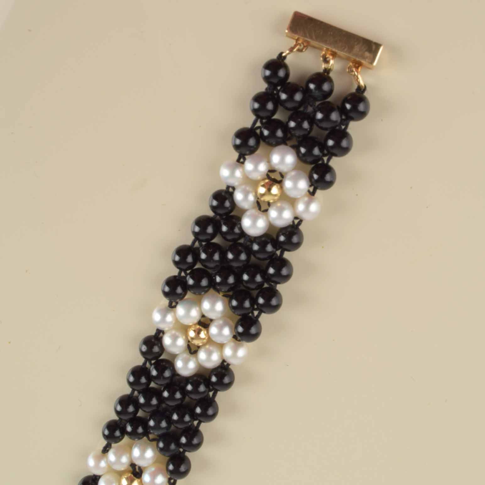 Pearl and Black Bead Bracelet with 14K Gold Clasp