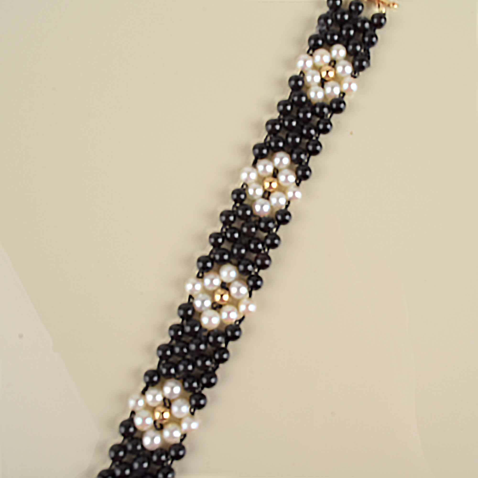 Pearl and Black Bead Bracelet with 14K Gold Clasp