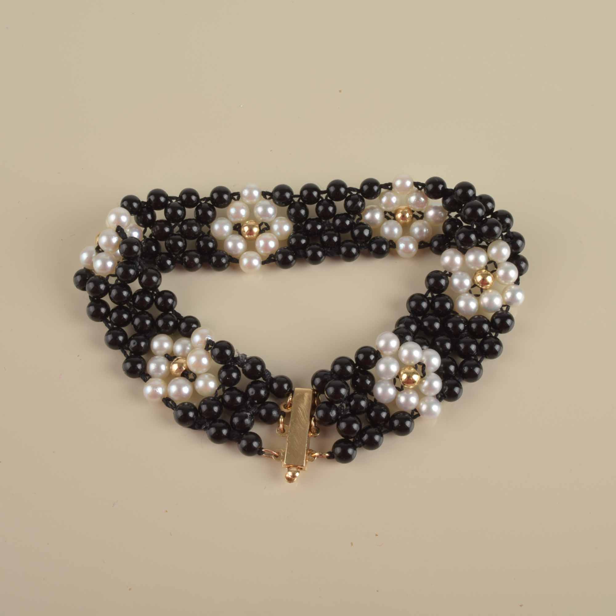 Pearl and Black Bead Bracelet with 14K Gold Clasp