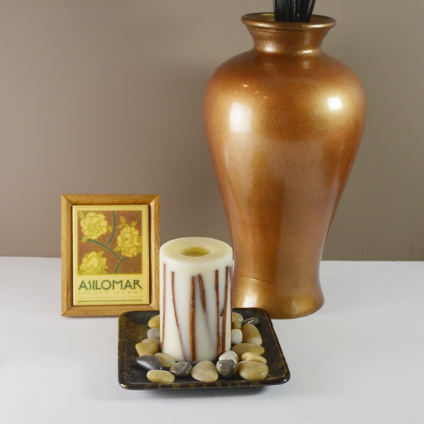 Decorative Vase, Framed Tile and Candle