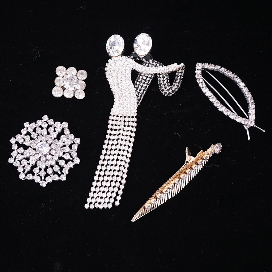 Vintage Rhinestone Pin Assortment Including Art Deco Dancers