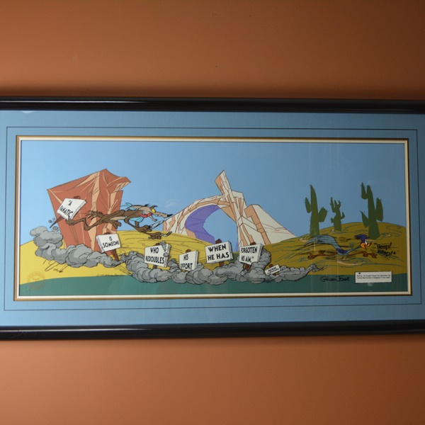 Road Runner and Wile E. Coyote "The Fanatic" Signed Cartoon Cel