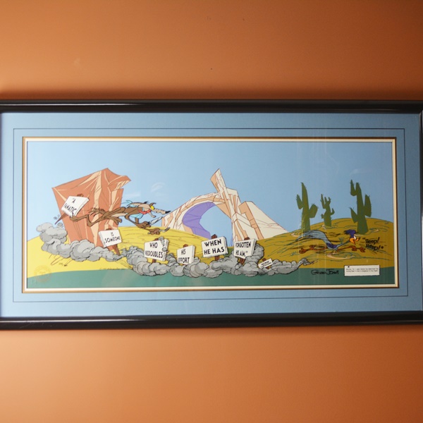 Road Runner and Wile E. Coyote "The Fanatic" Signed Cartoon Cel