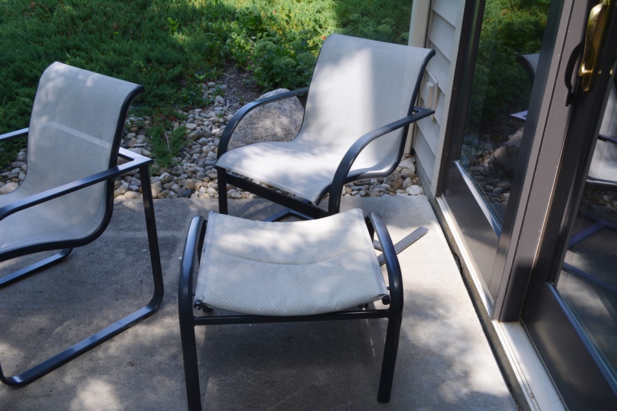 Brown Jordan Quantum Collection PatioTable, Four Chairs, Spring Base Chair and Ottoman