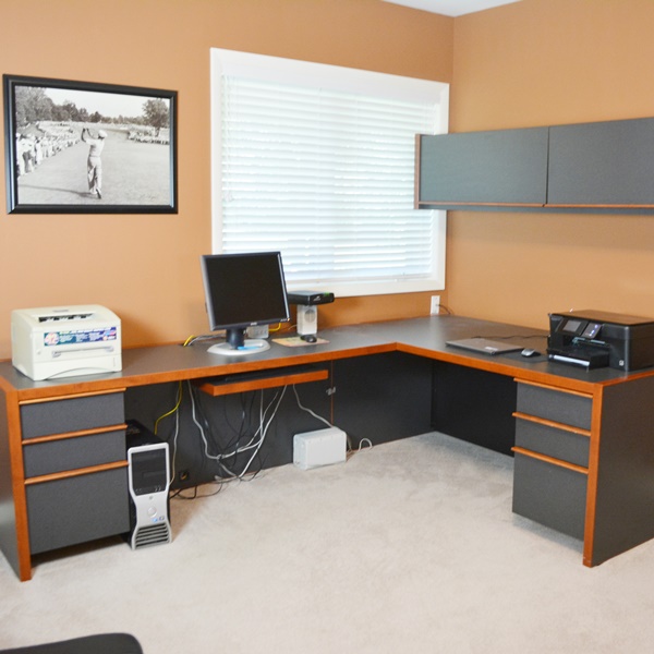 Large Office L-Shaped Desk and Wall Mounted Overhead Storage Bin