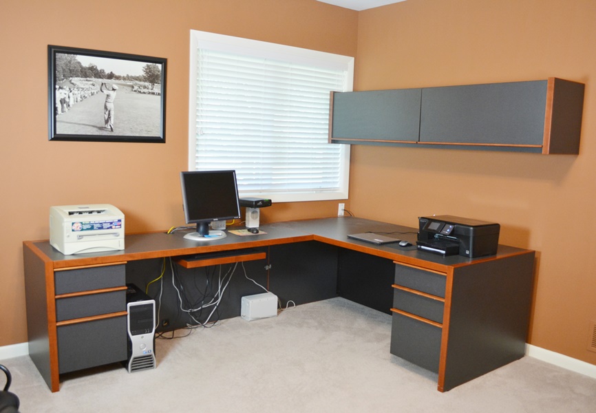 Large Office L-Shaped Desk and Wall Mounted Overhead Storage Bin