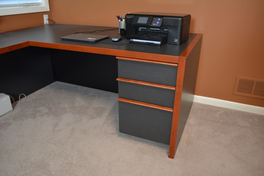 Large Office L-Shaped Desk and Wall Mounted Overhead Storage Bin