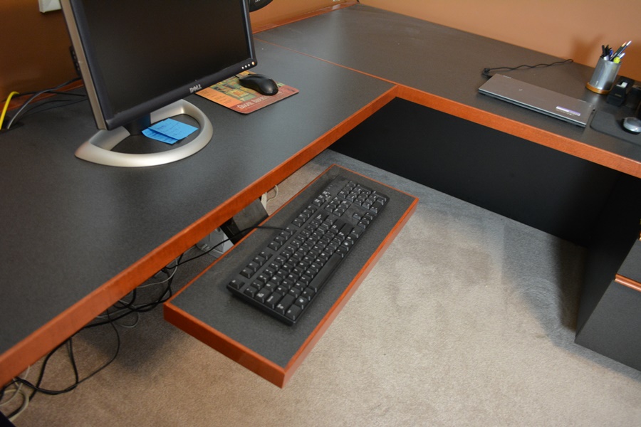 Large Office L-Shaped Desk and Wall Mounted Overhead Storage Bin