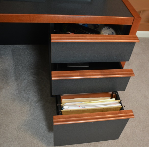 Large Office L-Shaped Desk and Wall Mounted Overhead Storage Bin