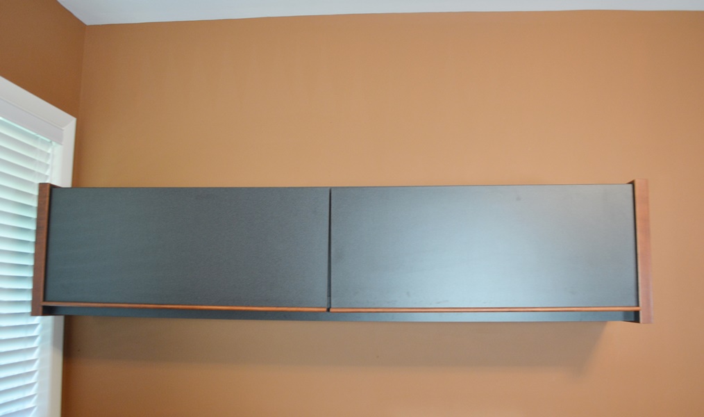 Large Office L-Shaped Desk and Wall Mounted Overhead Storage Bin