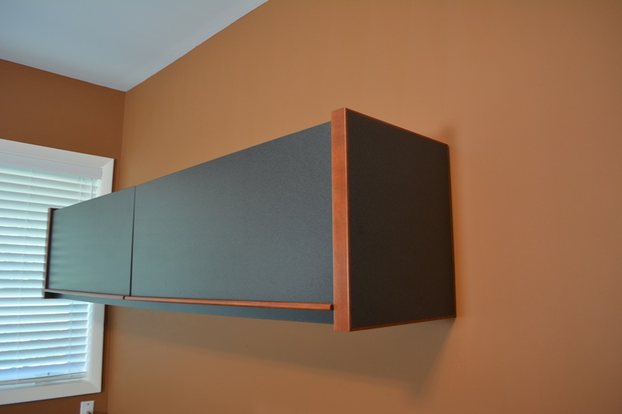 Large Office L-Shaped Desk and Wall Mounted Overhead Storage Bin