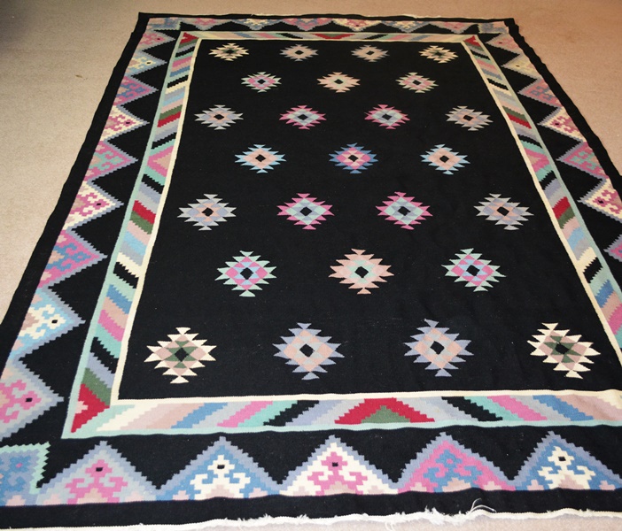 Flatweave Black and Pastel Wool Area Rug