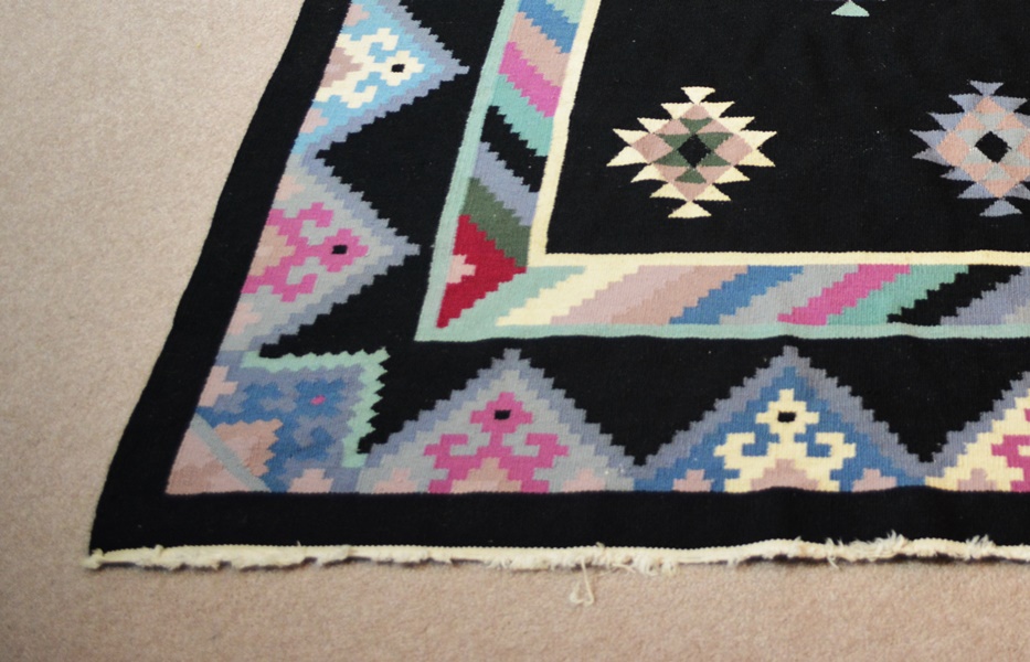 Flatweave Black and Pastel Wool Area Rug