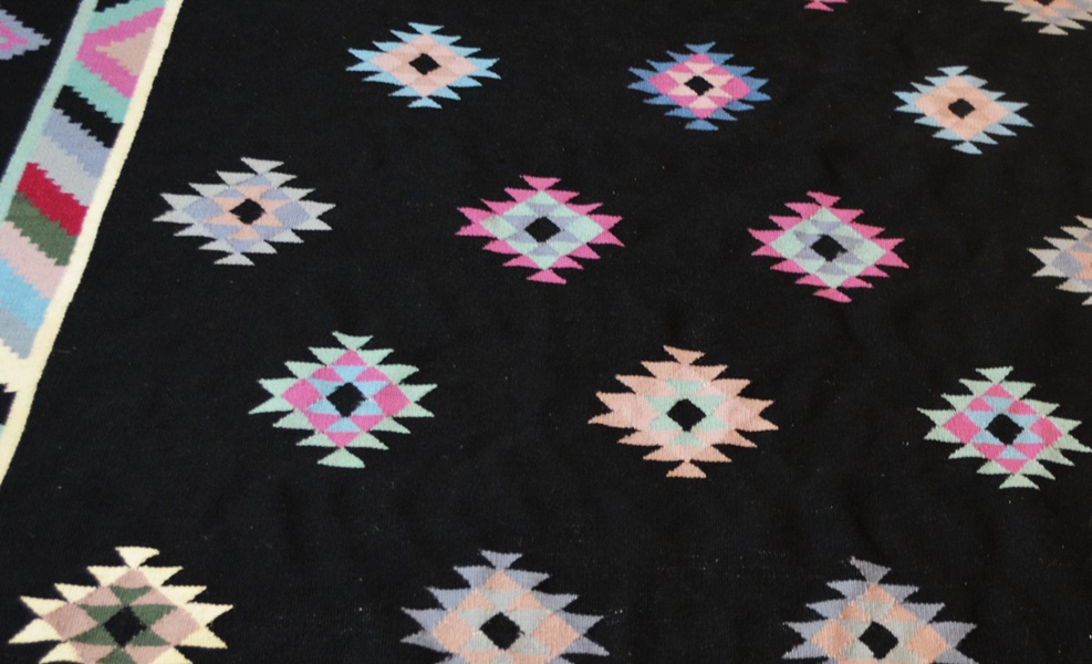 Flatweave Black and Pastel Wool Area Rug