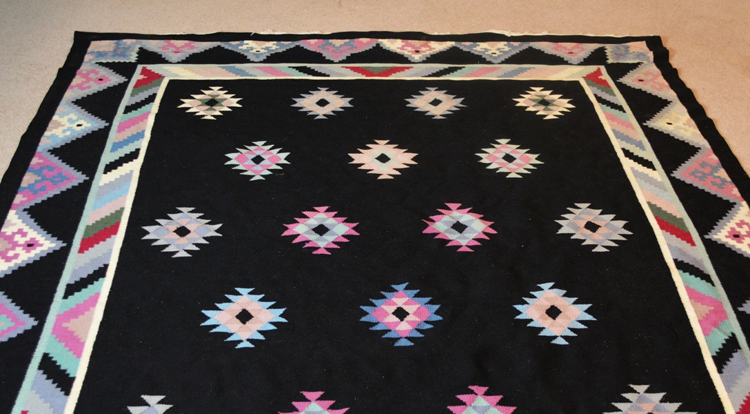 Flatweave Black and Pastel Wool Area Rug