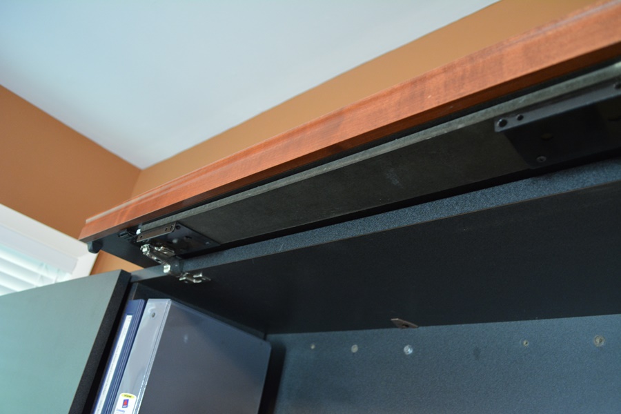 Large Office L-Shaped Desk and Wall Mounted Overhead Storage Bin