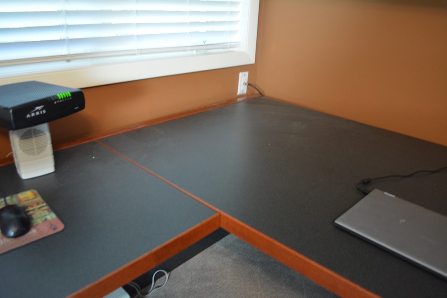 Large Office L-Shaped Desk and Wall Mounted Overhead Storage Bin